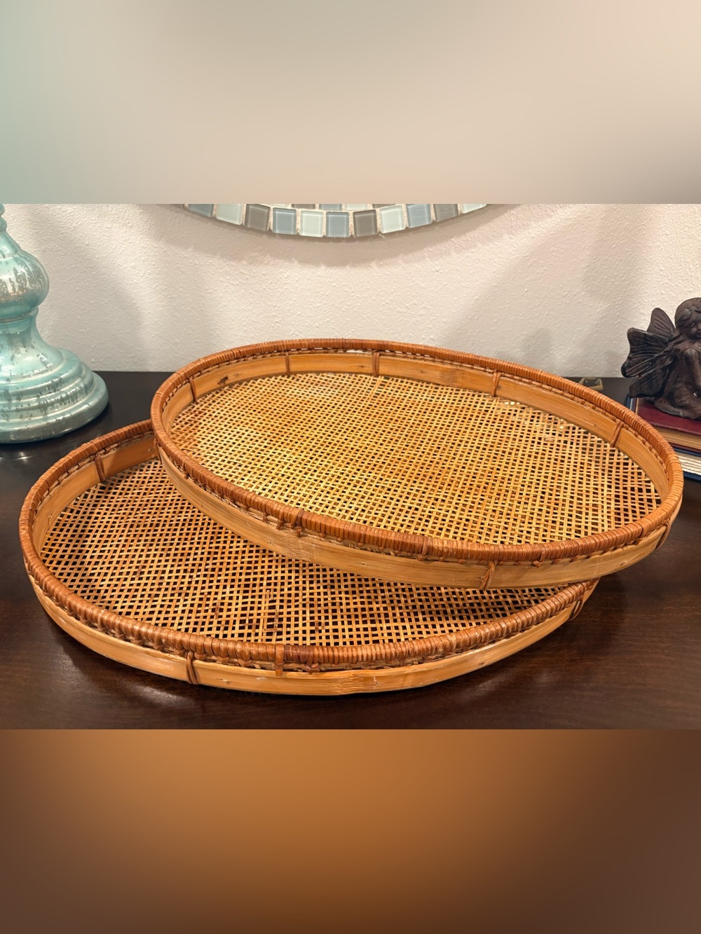 Vintage Bamboo Rattan Oval Nesting Trays Set of 2 Boho Coastal